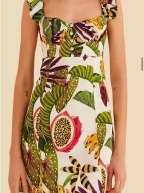 FARM Rio White Tropical Mini Dress with Green and Pink Accents